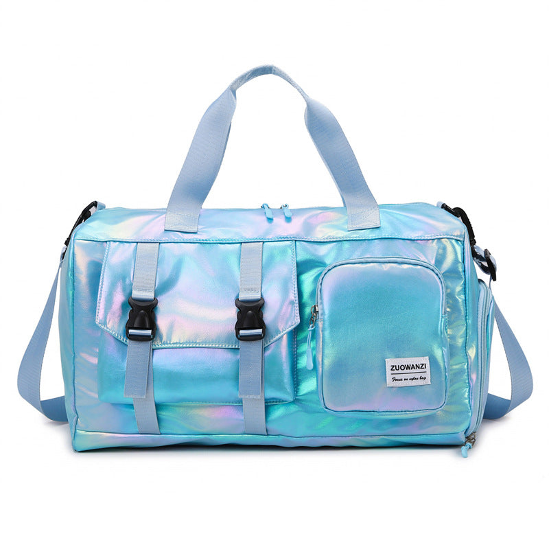 Blue Iridescent Gym Bag with Wet-Dry Separation - Large Capacity Travel and Fitness Duffel