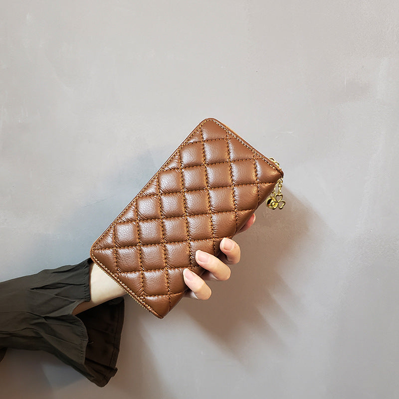 Brown-Checkered Women's Classic Quilted Long Wallet - Premium Diamond Stitch Zip Around Card Holder with Multiple Compartments