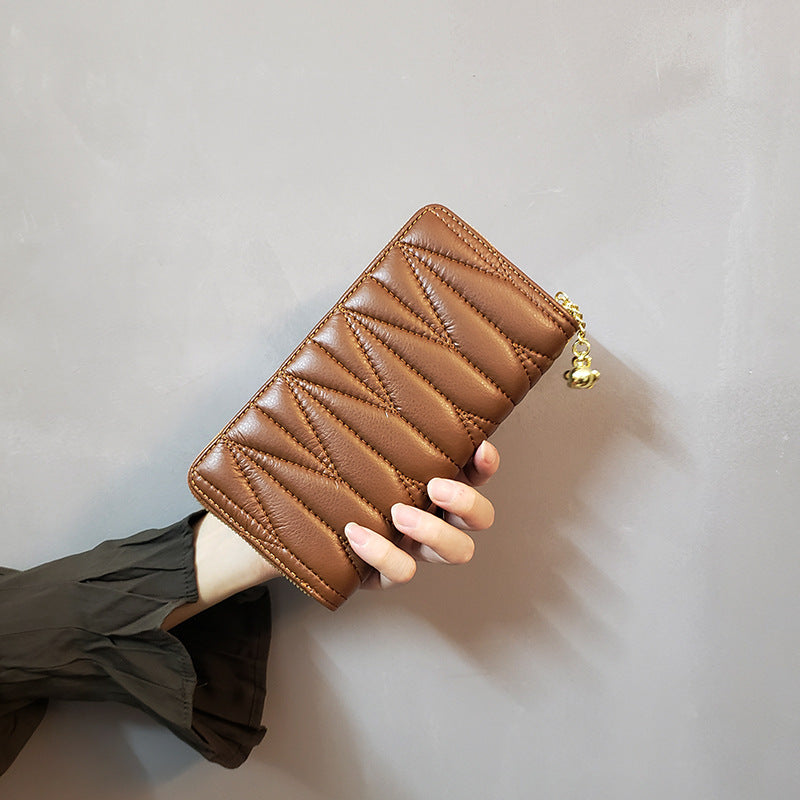 Brown-W Plaid Women's Classic Quilted Long Wallet - Premium Diamond Stitch Zip Around Card Holder with Multiple Compartments