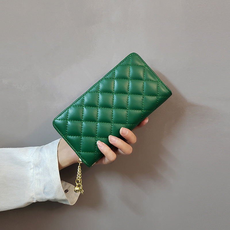 Green-Checkered Women's Classic Quilted Long Wallet - Premium Diamond Stitch Zip Around Card Holder with Multiple Compartments