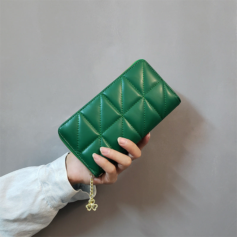 Green-Triangle Women's Classic Quilted Long Wallet - Premium Diamond Stitch Zip Around Card Holder with Multiple Compartments