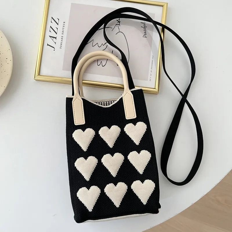 Black 3PCS Cute Heart Knit Phone Crossbody Bag - Korean Style Mini Shoulder Purse for Women