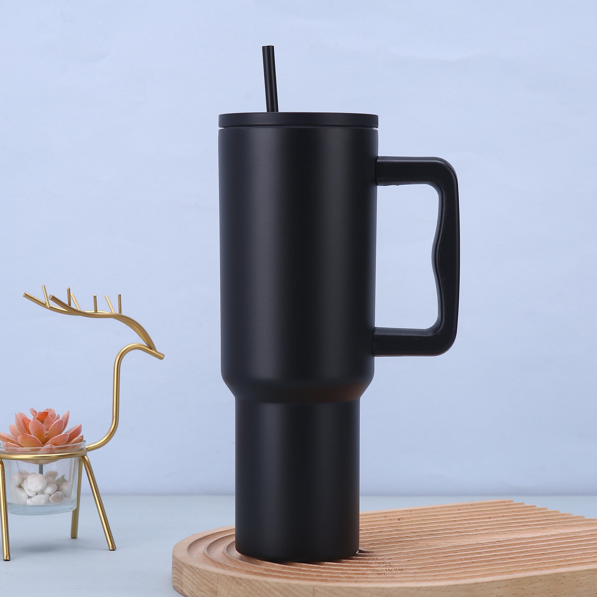 Black 40oz Stainless Steel Tumbler with Handle & Straw - Large Capacity Car Cup