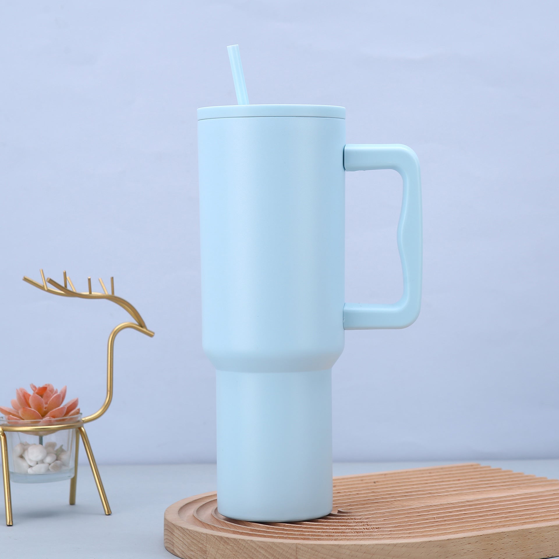 Light Blue 40oz Stainless Steel Tumbler with Handle & Straw - Large Capacity Car Cup