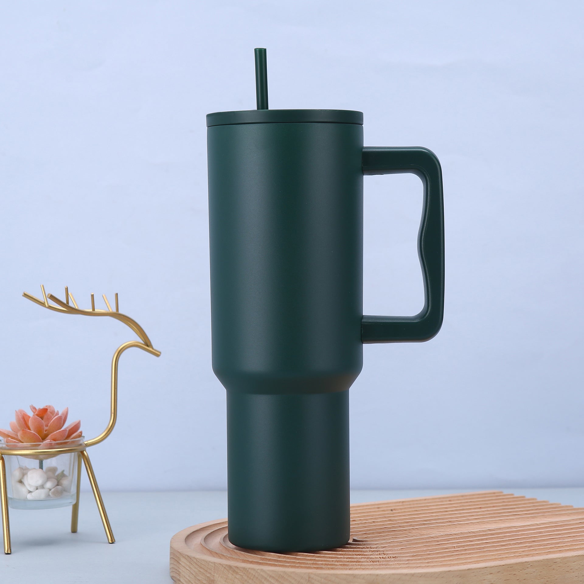 Dark Green 40oz Stainless Steel Tumbler with Handle & Straw - Large Capacity Car Cup