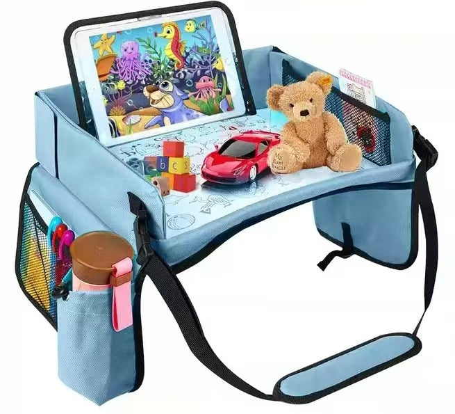 Blue Car Seat Organizer Tray for Kids - Travel Toy Storage with 43×36.5×30cm Large Capacity - Backseat Activity Tray with Storage Pockets