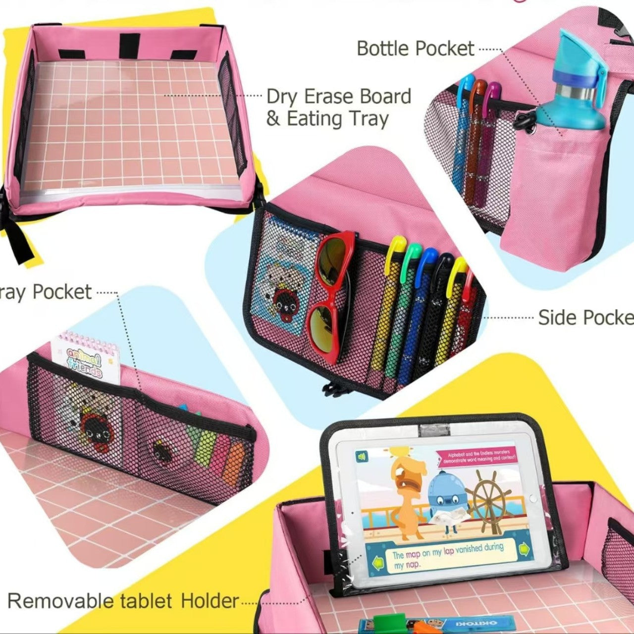 Pink Car Seat Organizer Tray for Kids - Travel Toy Storage with 43x36.5x30cm Large Capacity - Backseat Activity Tray with Storage Pockets