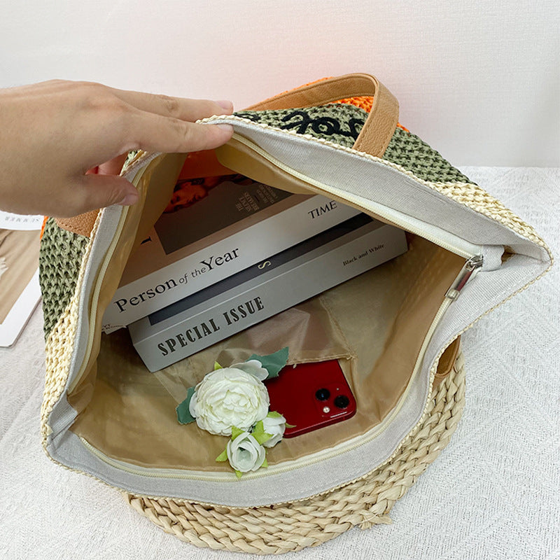 Color Mixing Eco-Friendly Woven Straw Tote Bag - Stylish 47x36x16cm Women's Shoulder Bag for Beach, Shopping & Daily Use