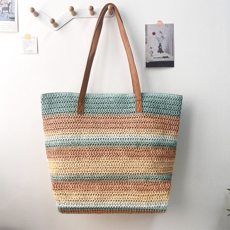 Blue-beige Eco-Friendly Woven Straw Tote Bag - Stylish 47x36x16cm Women's Shoulder Bag for Beach, Shopping & Daily Use