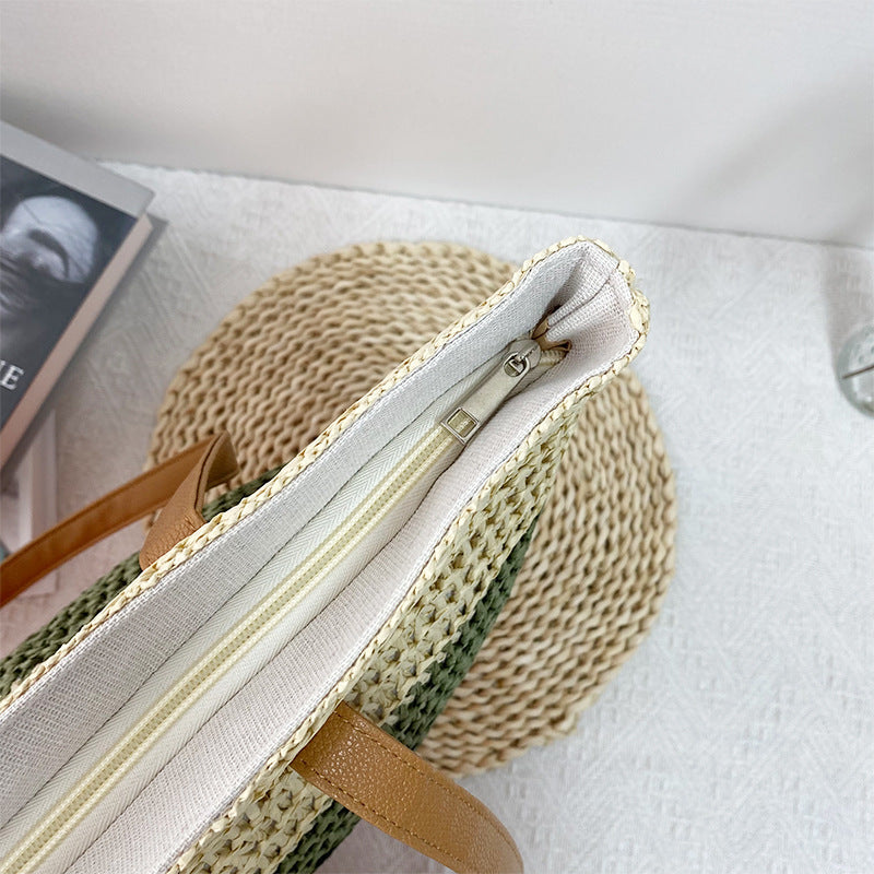 Blue-beige Eco-Friendly Woven Straw Tote Bag - Stylish 47x36x16cm Women's Shoulder Bag for Beach, Shopping & Daily Use