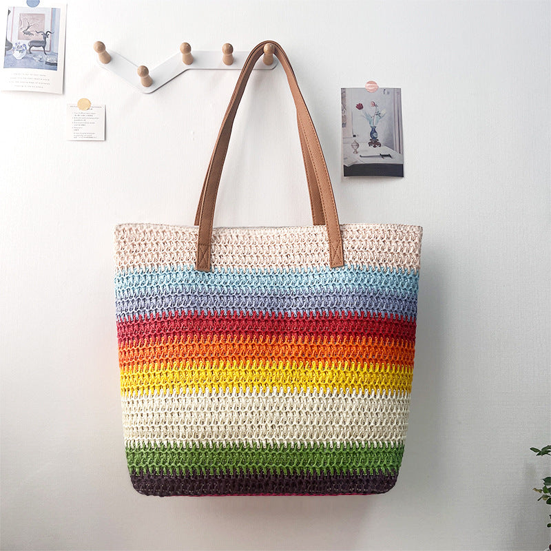 Rainbow Gradient Eco-Friendly Woven Straw Tote Bag - Stylish 47x36x16cm Women's Shoulder Bag for Beach, Shopping & Daily Use