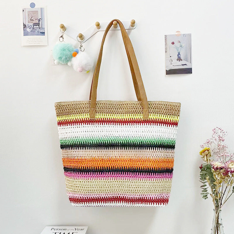 Colored Lines Eco-Friendly Woven Straw Tote Bag - Stylish 47x36x16cm Women's Shoulder Bag for Beach, Shopping & Daily Use