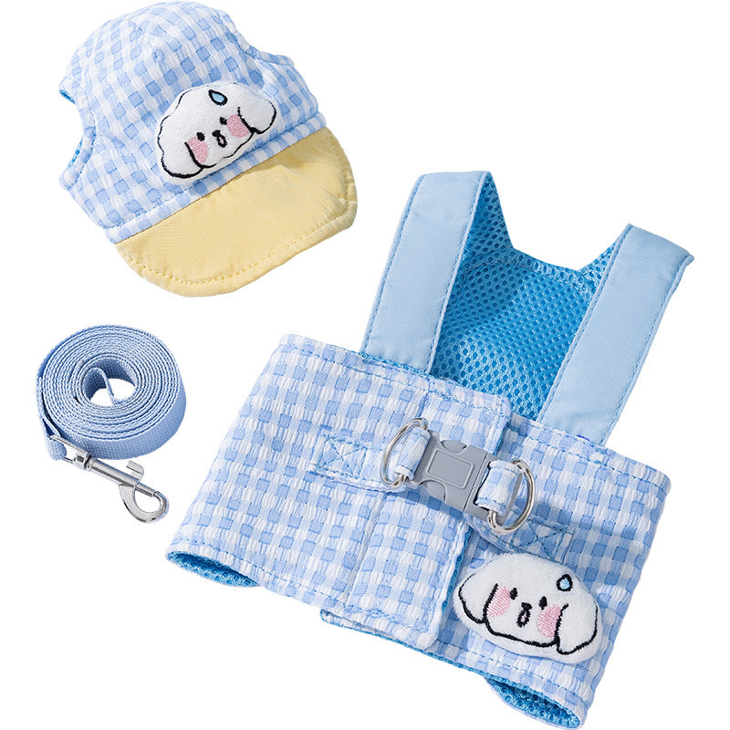 XL Blue Pet Sun Hat with Adjustable Strap + Leash & Harness 3-Piece Set - Breathable Summer Cap for Dogs & Cats with Ear Holes