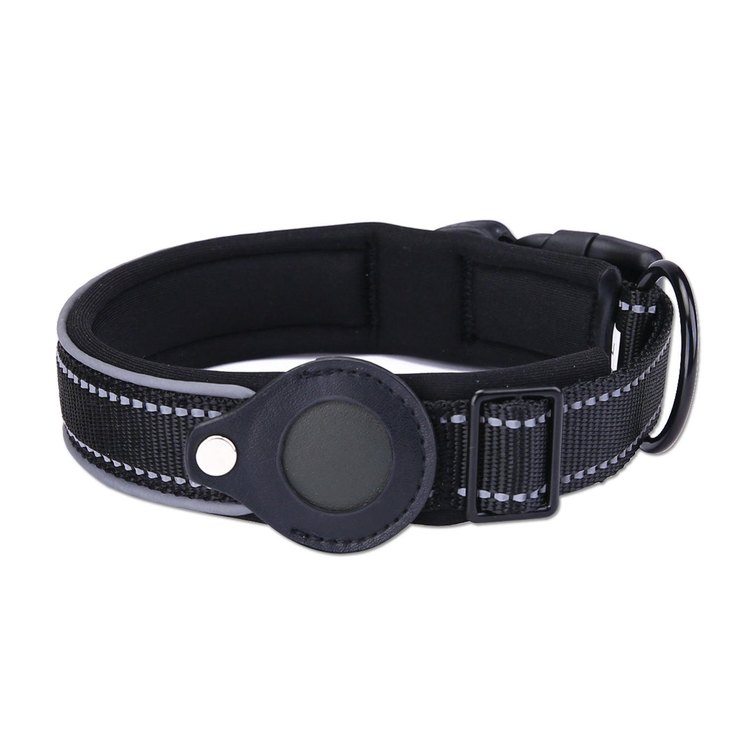 XL Black Secure Nylon Dog Collar with Built-in Apple AirTag (not included) Holder Case - Pet Tracker Accessory