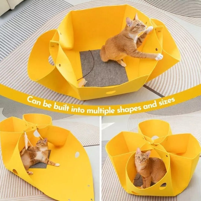 Yellow Large Transformable Felt Cat Tunnel Bed - Cozy Foldable Pet Play House & Cave (104cm x 104cm)