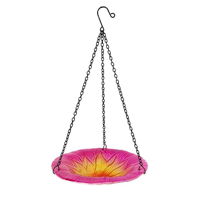 Pink Decorative Hanging Glass Flower Bird Bath - 8.1 Inch Vibrant Outdoor Garden Accent