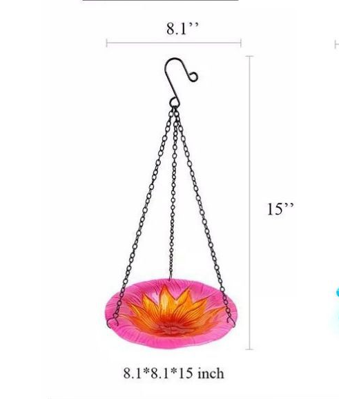 Pink Decorative Hanging Glass Flower Bird Bath - 8.1 Inch Vibrant Outdoor Garden Accent