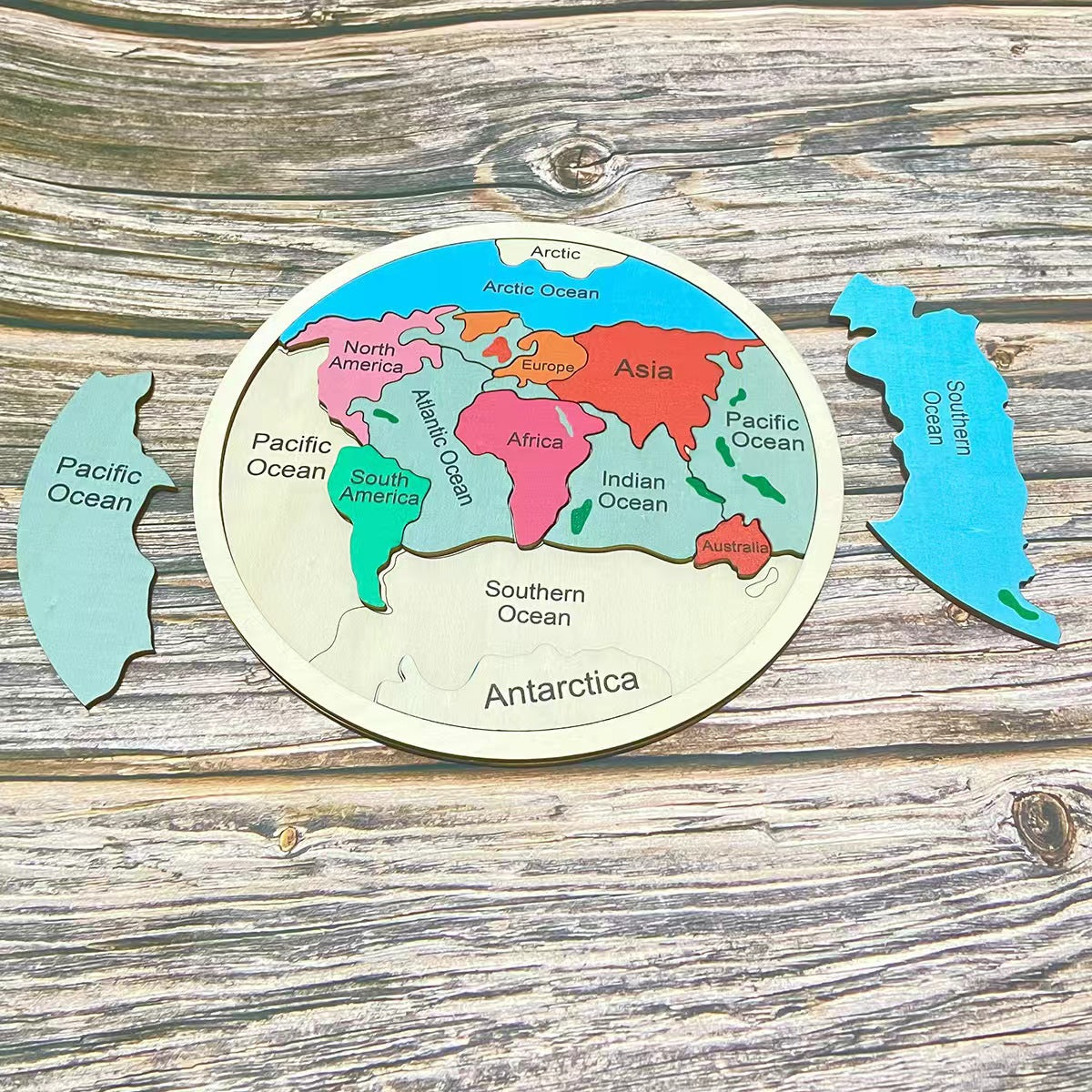 Wooden Seven Continents Puzzle - Colorful World Map Jigsaw for Early Geography Learning