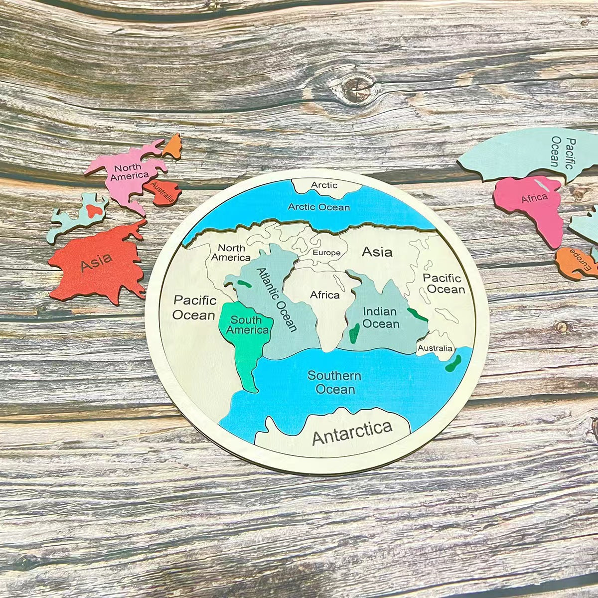 Wooden Seven Continents Puzzle - Colorful World Map Jigsaw for Early Geography Learning