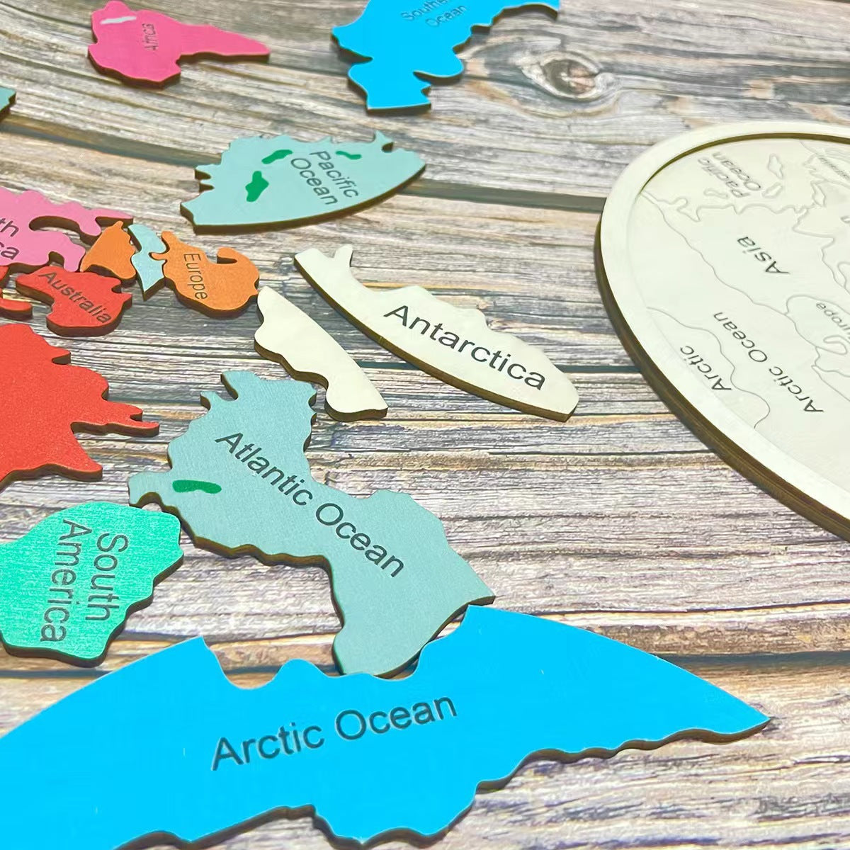 Wooden Seven Continents Puzzle - Colorful World Map Jigsaw for Early Geography Learning