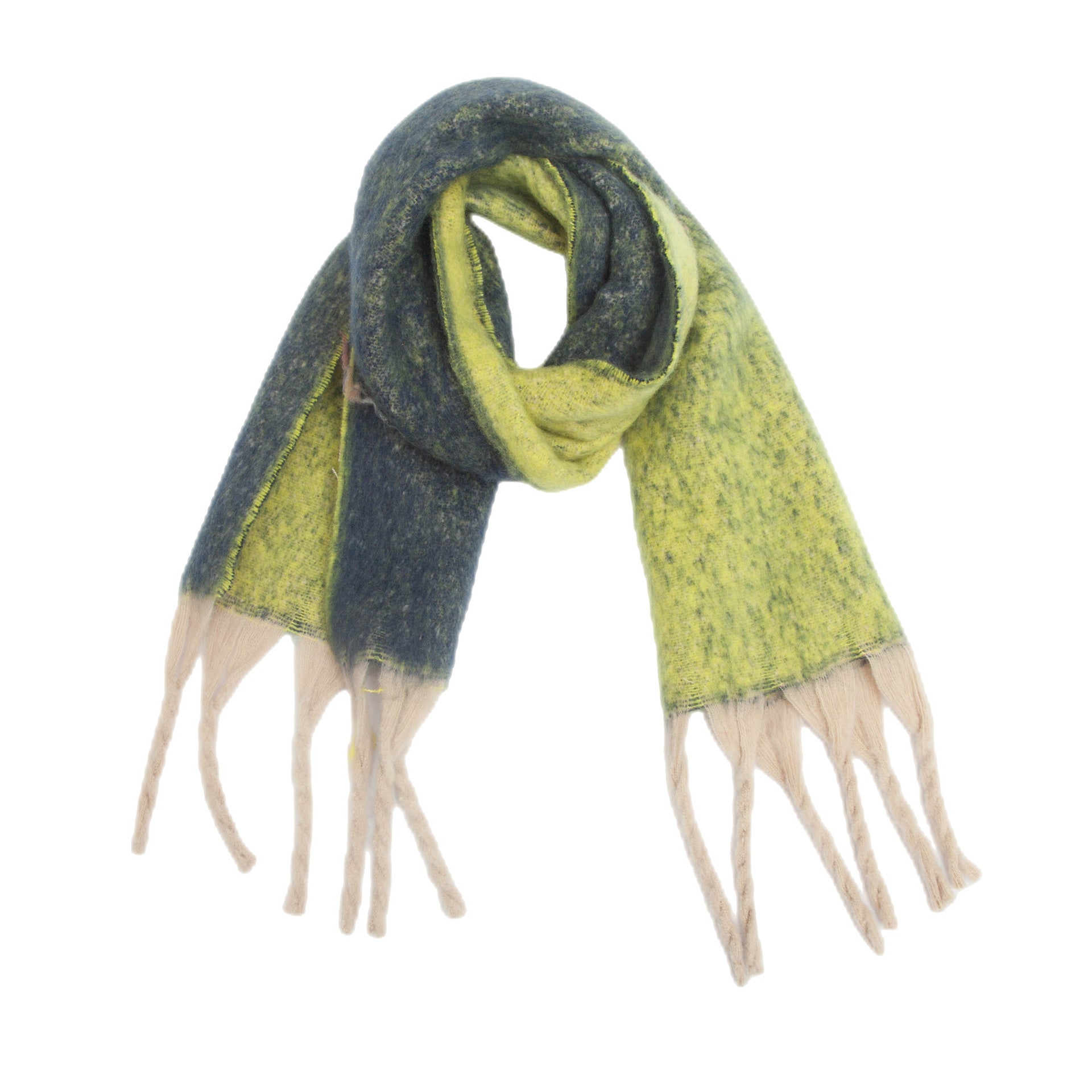 Green Plush Gradient Winter Scarf Shawl - Thick Textured Circle Yarn with Chunky Tassels - 185cm x 40cm