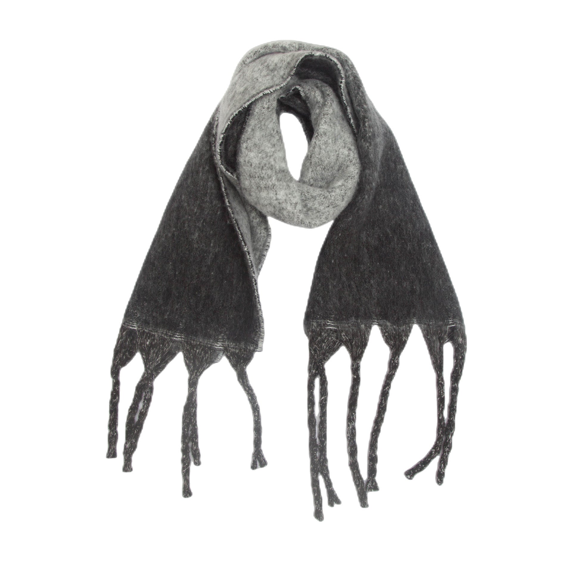 Black Plush Gradient Winter Scarf Shawl - Thick Textured Circle Yarn with Chunky Tassels - 185cm x 40cm