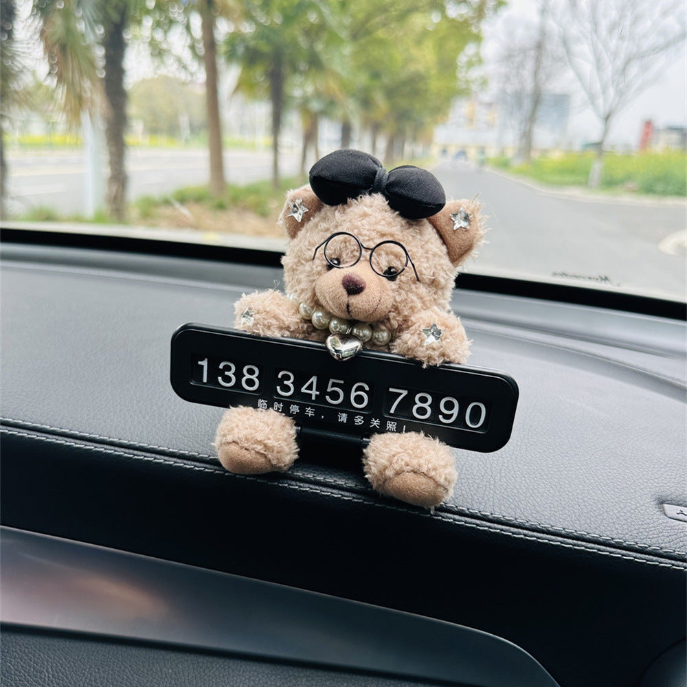 Cute Black Bow Teddy Bear Car Dashboard Decoration with Customizable Parking Number Plate - 12cm