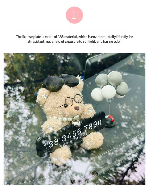 Cute Black Bow Teddy Bear Car Dashboard Decoration with Customizable Parking Number Plate - 12cm