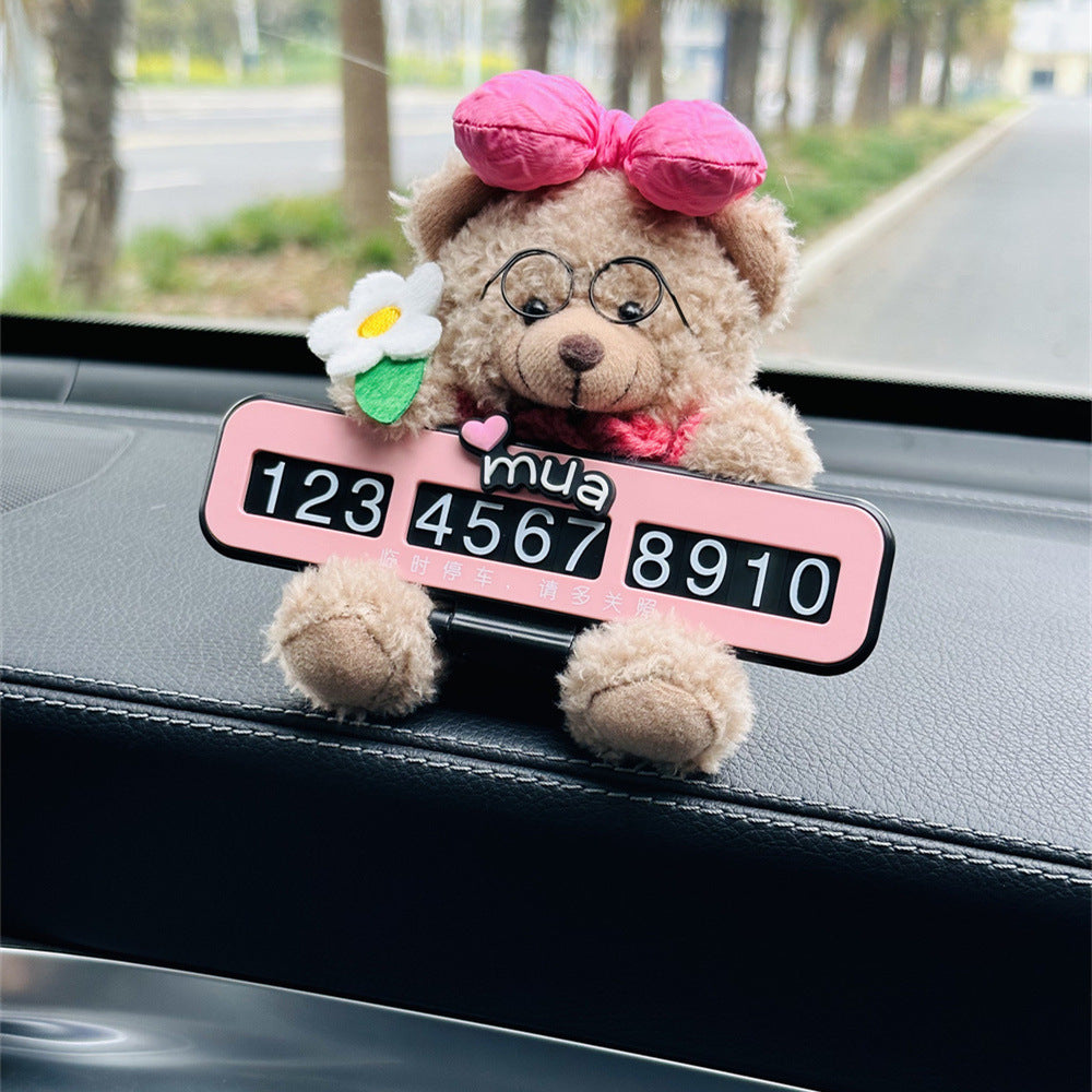 Cute Pink bow bear Car Dashboard Decoration with Customizable Parking Number Plate - 12cm