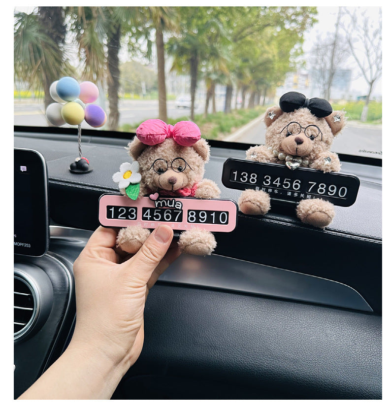 Cute Pink bow bear Car Dashboard Decoration with Customizable Parking Number Plate - 12cm
