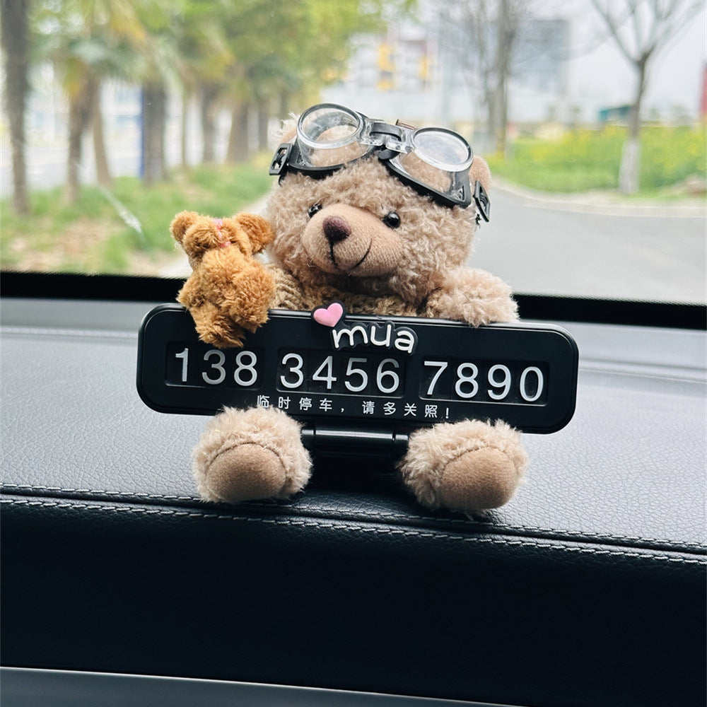 Cute Glass bear Car Dashboard Decoration with Customizable Parking Number Plate - 12cm