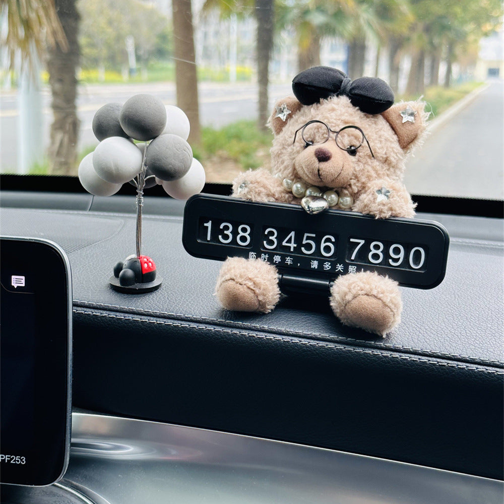 Cute Black Bow Teddy Bear Car Dashboard Decoration with Customizable Parking Number Plate and Colorful balloons - 12cm