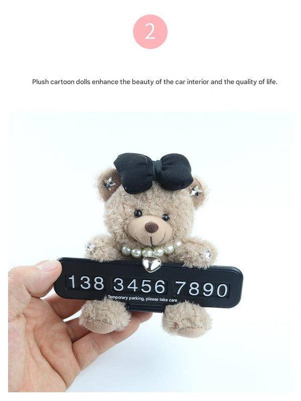 Cute Black Bow Teddy Bear Car Dashboard Decoration with Customizable Parking Number Plate and Colorful balloons - 12cm