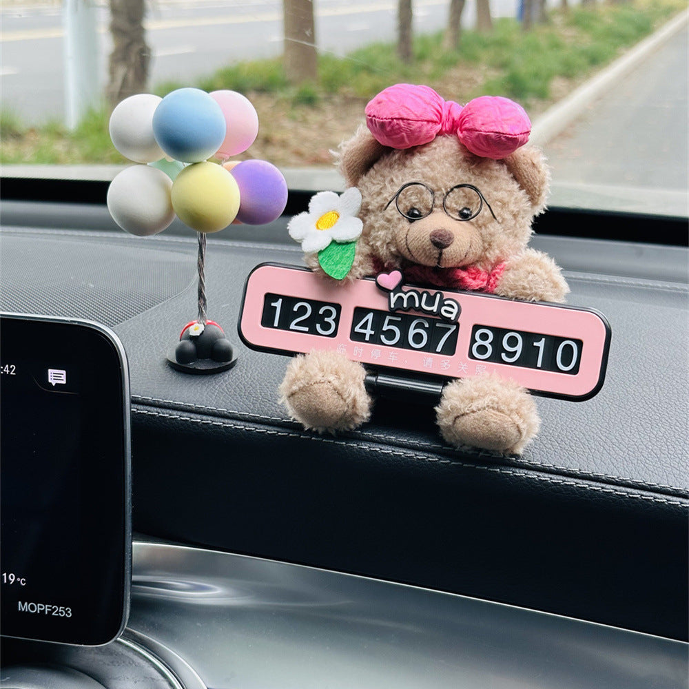Cute Pink bow bear Car Dashboard Decoration with Customizable Parking Number Plate and Colorful balloons - 12cm