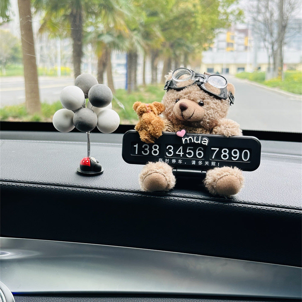 Cute Glass bear Car Dashboard Decoration with Customizable Parking Number Plate and Colorful balloons - 12cm