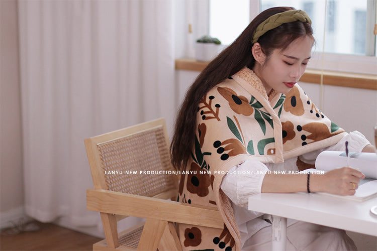 Double-Sided Geometric & Plush Throw Blanket - Warm 70x100cm Multi-Use Wrap(Flower/reverse orange)