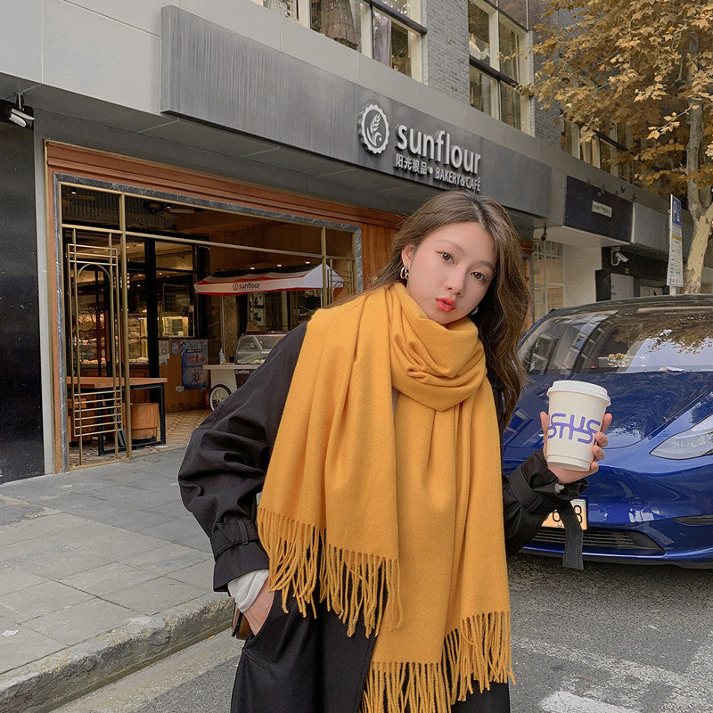 Luxury Cashmere Blend Scarf, Large 200x70cm Fringed Scarf (Turmeric)