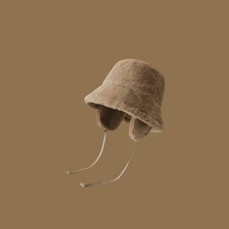 Plush Bucket Hat with Ear Flaps,Warm Furry Winter Hat in Khaki-One size (54-59cm) adjustable