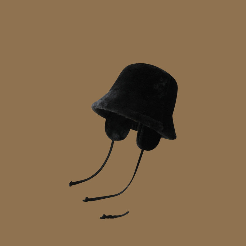 Plush Bucket Hat with Ear Flaps,Warm Furry Winter Hat in Black-One size (54-59cm) adjustable