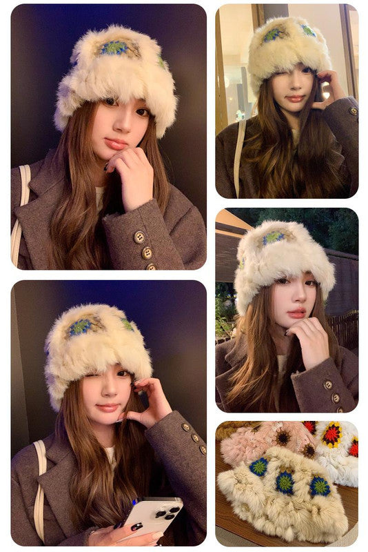 Plush Floral Bucket Hat,Warm Crocheted Winter Hat in Khaki-Hat circumference: 56-60cm