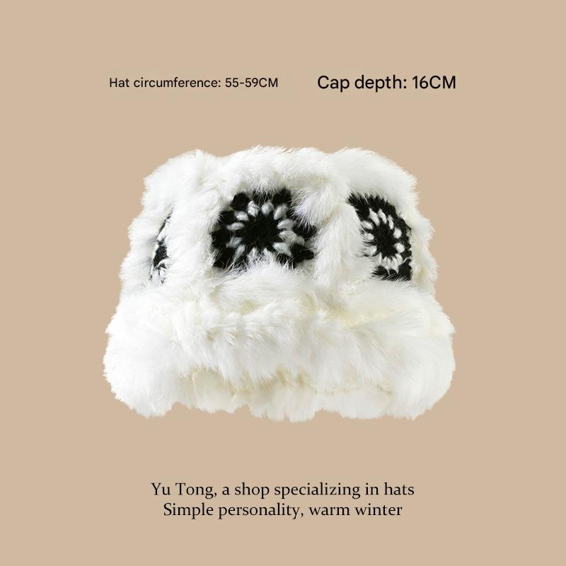 Plush Floral Bucket Hat,Warm Crocheted Winter Hat in Black and White-Hat circumference: 56-60cm