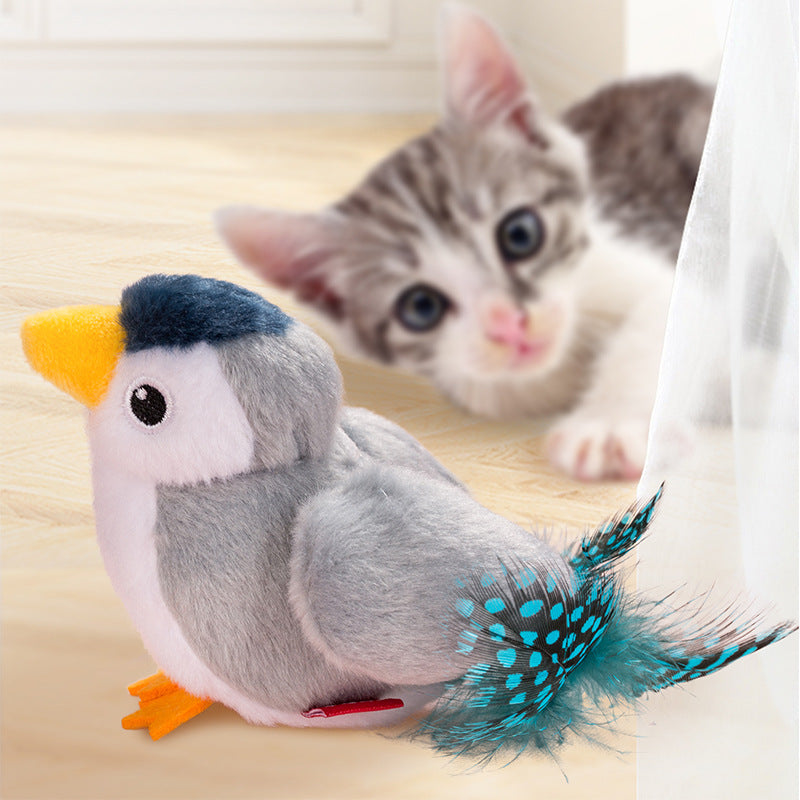 Interactive Plush Cat Toy - Lifelike Bird with Chirping Sounds and Feathers,Light Gray