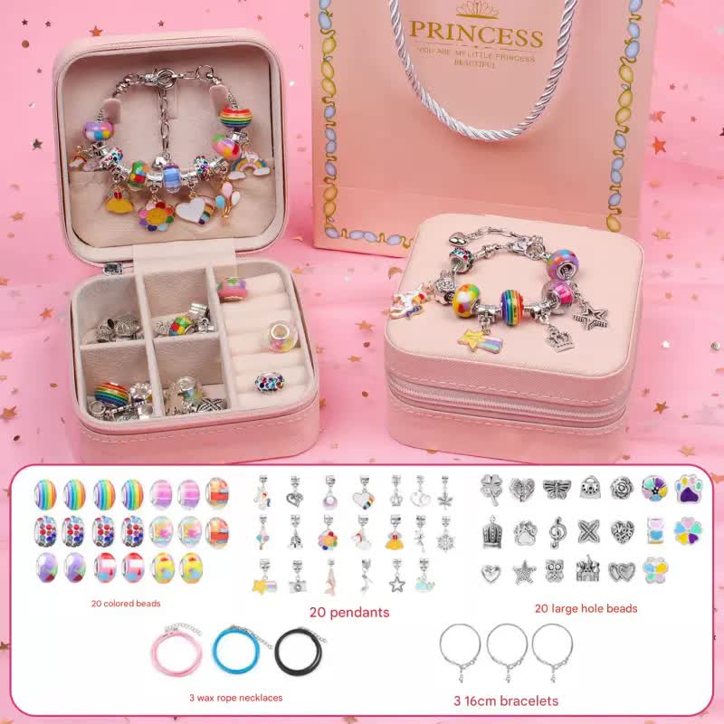 Pink Kids DIY Beaded Bracelet Set - Creative Jewelry Making Kit with Princess Gift Box and Display Stand