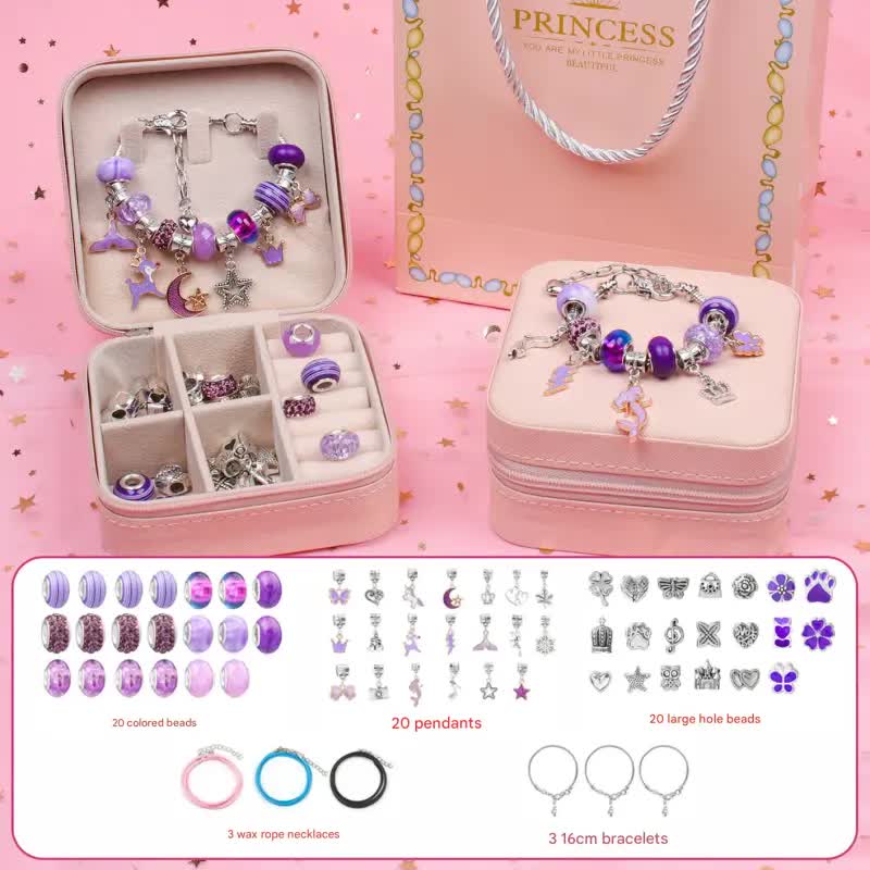 Purple Kids DIY Beaded Bracelet Set - Creative Jewelry Making Kit with Princess Gift Box and Display Stand