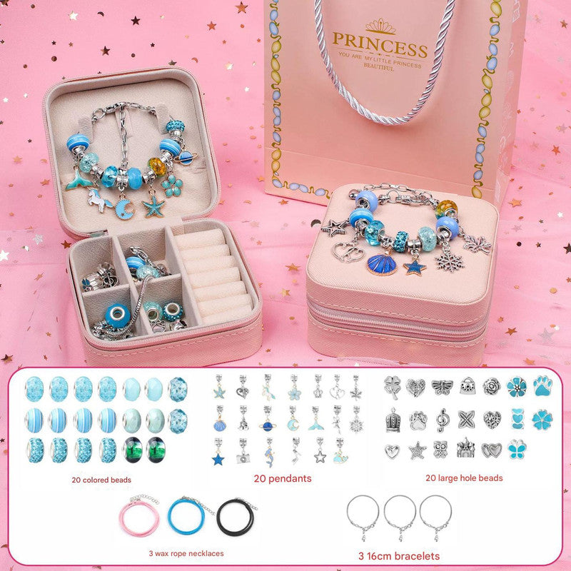 Blue Kids DIY Beaded Bracelet Set - Creative Jewelry Making Kit with Princess Gift Box and Display Stand
