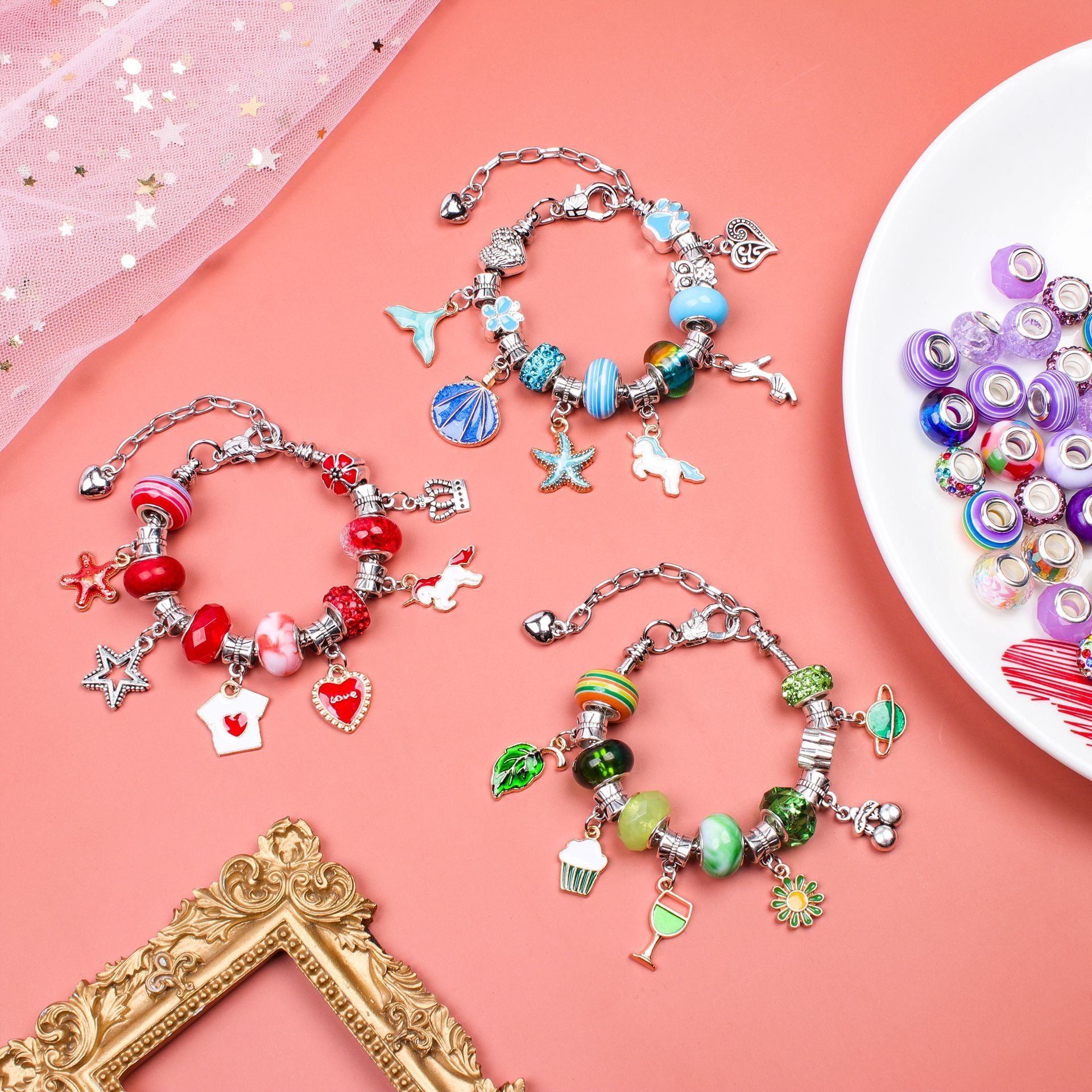 Unicorn DIY Beaded Bracelet Kit for Kids - Purple Crystal Beads and Charms Jewelry Set with Gift Box