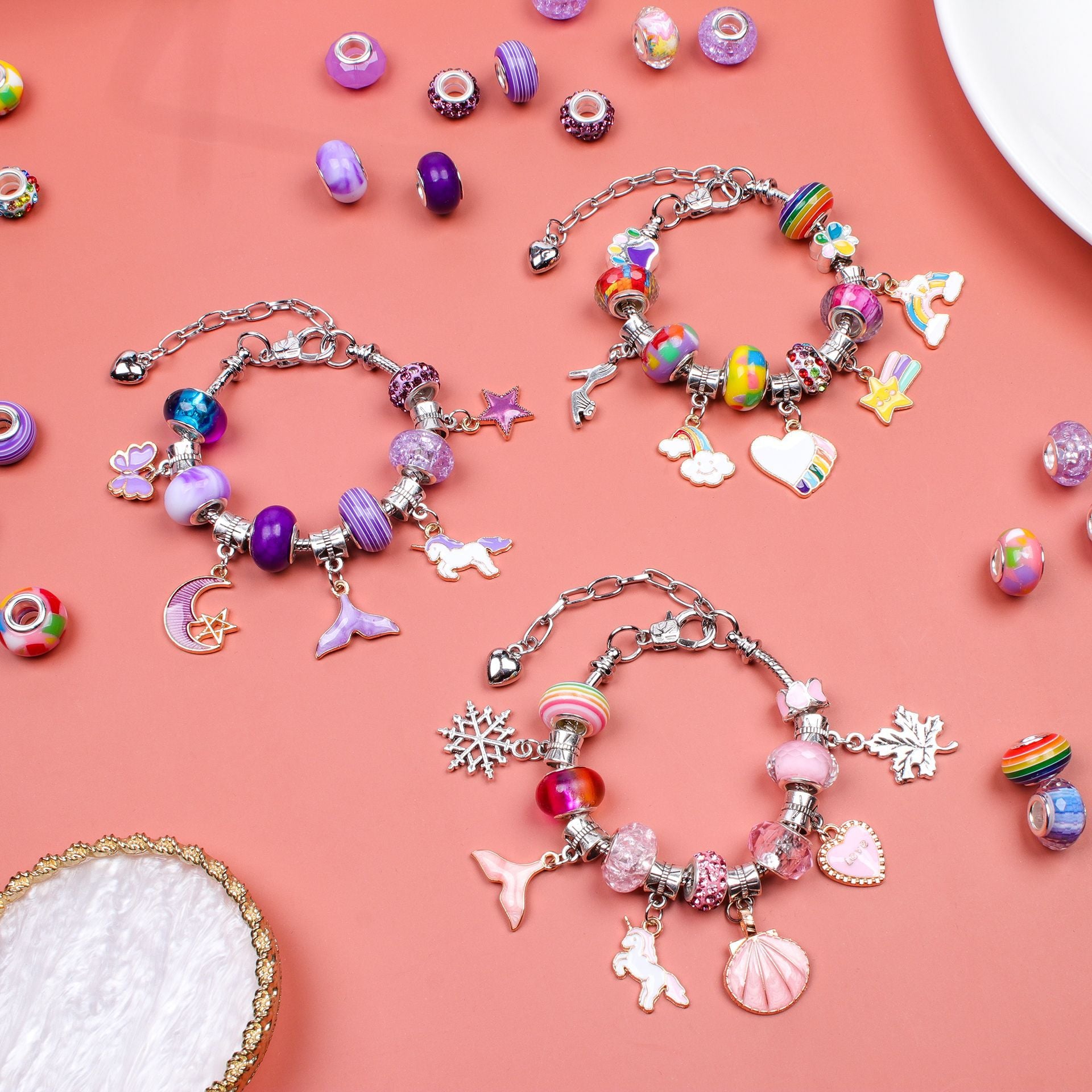 Unicorn DIY Beaded Bracelet Kit for Kids - Purple Crystal Beads and Charms Jewelry Set with Gift Box