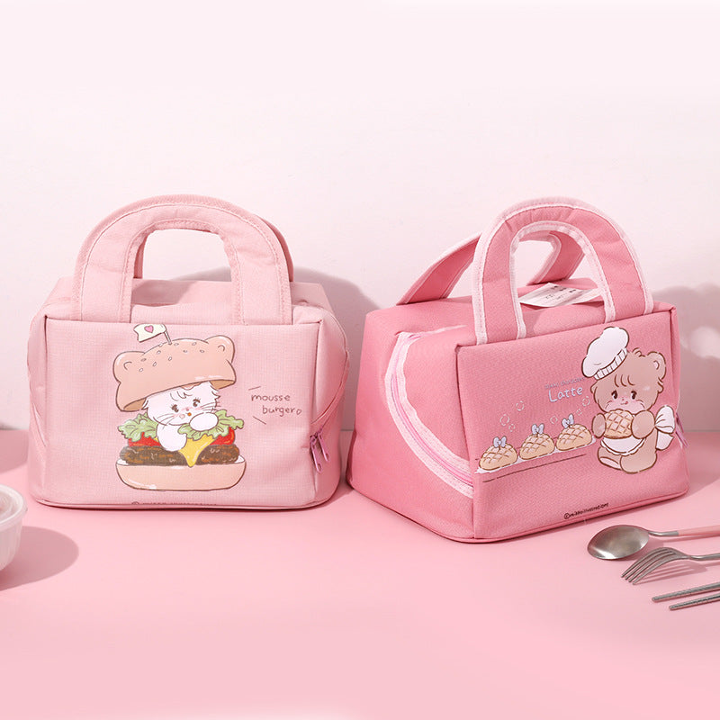 Light pink Cute Cartoon Lunch Bag - Large Capacity Insulated Handbag for Students and Office Use