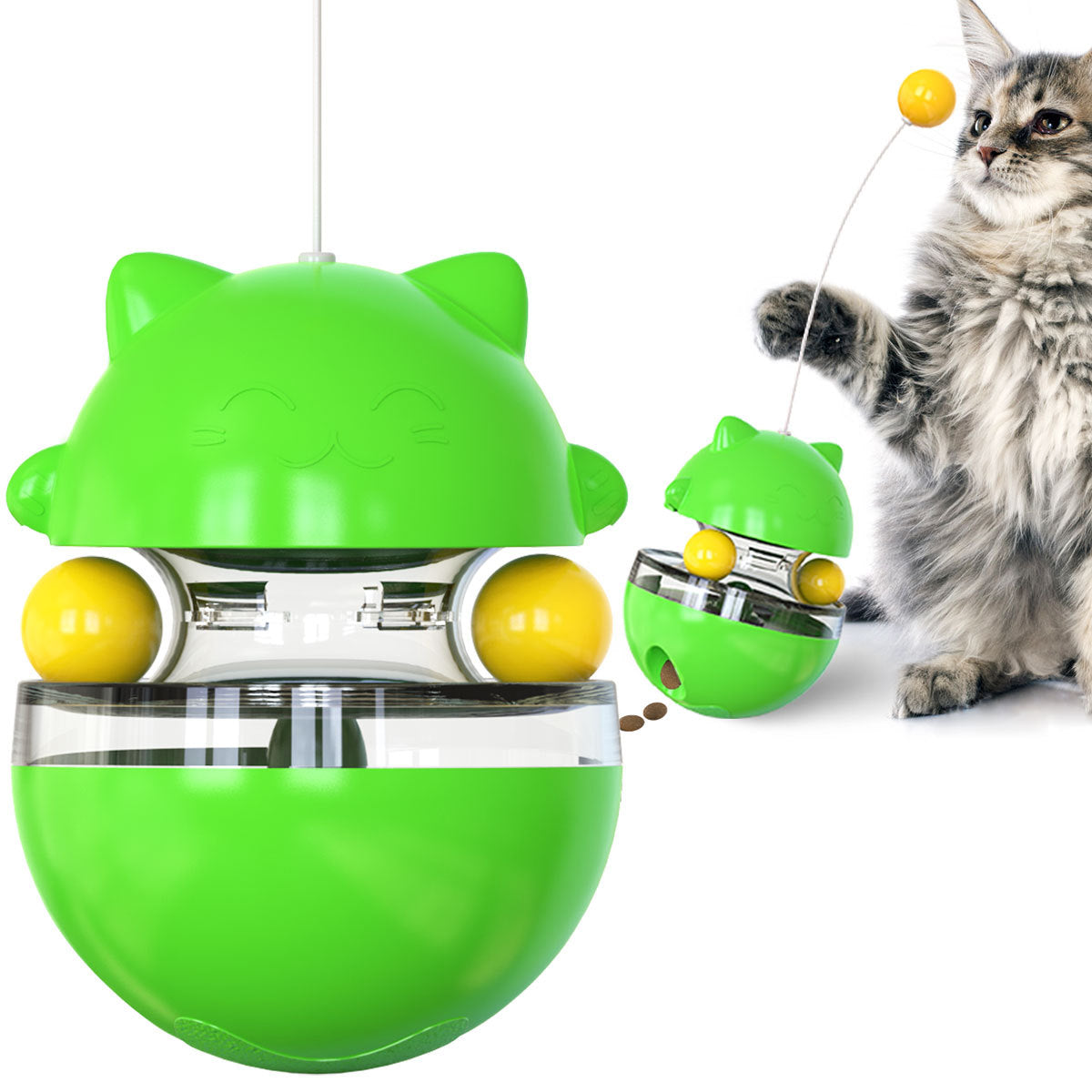 Cat Teaser Cup Toy, Interactive Treat Dispensing Ball with Wand (Green)