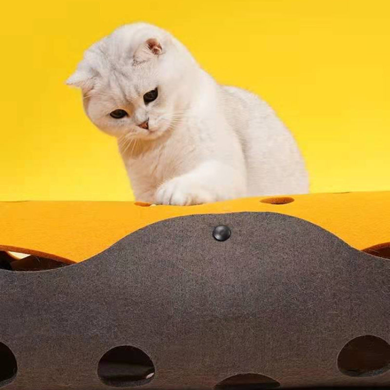 DIY Felt Cat Tunnel - Foldable Egg Roll-Shaped Pet Toy with Multiple Holes(Brown + Gray)